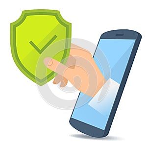 A hand from the phone`s screen holds a shield.