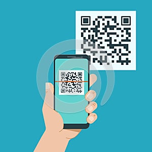 Hand with phone scanning qr code. Flat style icon.