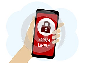 Hand with the phone. On-screen scam warning and lock icon