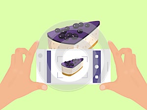 Hand with phone take photo of cake food vector illustration. Smartphone photography of pie. Top view of cakes phones