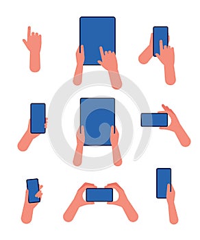 Hand with phone. Touch screen tablet and smartphone in hand pointing gestures using application modern device vector