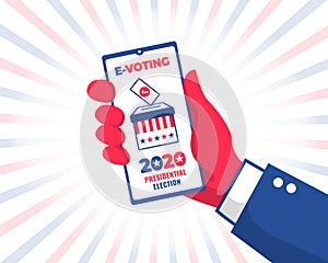 Hand with phone voting online for 2020 USA presidential election