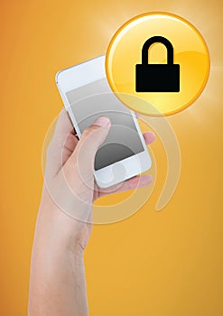 Hand with phone and yellow lock graphic with flare against yellow background