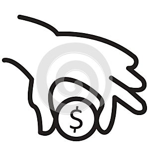 Hand pick up dollar coin line isolated vector icon can be easily modified and edit