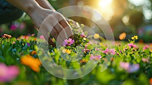 Hand picking flowers in sunlight.