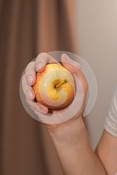 Hand Picking a Fresh Apple. Female hand holding fresh ripe apple