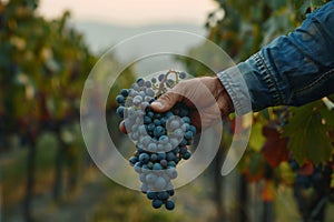 Hand picking fresh grapes in a vineyard at sunset