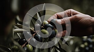 Hand picking green and black olives on the branch tree