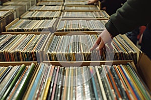 Hand picking old vinyl records from a shelf in a book store. photo