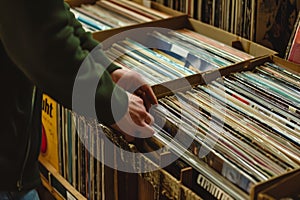 Hand picking old vinyl records from a shelf in a book store. photo