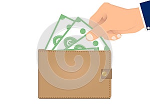 Hand picking up bank notes from wallet vector illustration