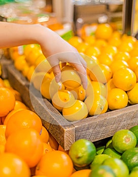 A hand picking up a lemon in the produce section of a grocery store.