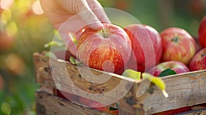 A hand picking up a red apple from the wooden crate, AI