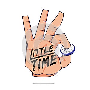 Hand picking wall clock with little time brush typographic. time management concept - vector illustration