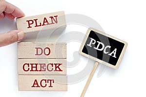 Hand picking the wooden toy with words about PDCA