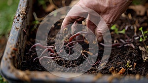 The hand with earthworms in compost.AI generated image