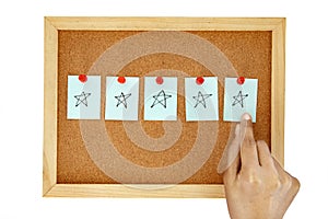 Hand pin note paper on cork pin board with give five star hand drawing , symbol of excellent customer satisfaction feedback
