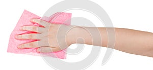Hand with pink dusting rag isolated on white