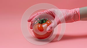 A hand in pink rubber glove holding a tomato on a red background, AI