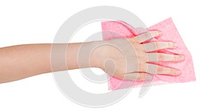 Hand with pink wiping rag isolated on white