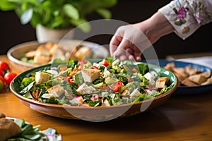 hand placing a bowl of fattoush salad on a table setting