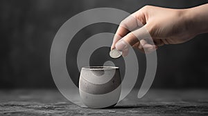 Hand placing a coin into a minimalist concrete pot on a textured dark surface photo