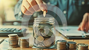 A hand placing coin in jar.AI generated image