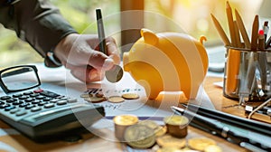 The Hand with Piggy Bank. AI generated photo