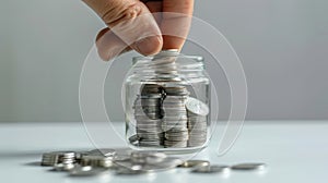 Hand placing coins in jar. AI generated