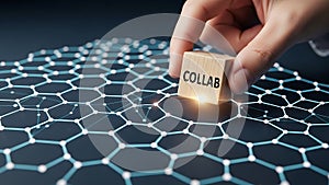 Hand placing collab word on cube over abstract network structure