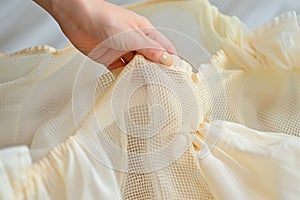 hand placing a delicate garment into a mesh laundry bag