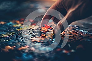 Hand Placing Final Piece into Colorful Puzzle for Completing Challenge Concept