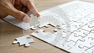 Hand placing final piece white jigsaw puzzle