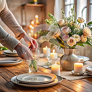 Hand placing flower vase on wooden dining table