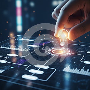 Hand Placing Glowing Lightbulb on Digital Interface with Data Analytics
