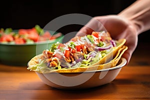 hand placing a hot chalupa into a tortilla bowl