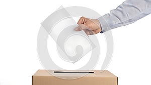 Hand placing paper in a ballot box, concept of voting. Simple and clear election process image. Male voter, democratic