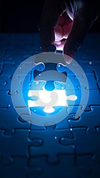 Hand Placing Puzzle Piece into Jigsaw, Completing Solution, Blue Theme