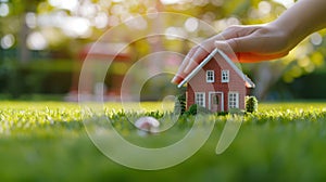 The hand on miniature house.AI generated image