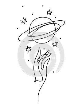 Hand and planet Saturn with rings, aesthetic line drawing, space icon, vintage tattoo for witch, astrological boho