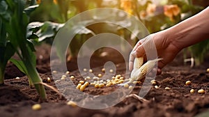 hand planting corn seed of marrow in the vegetable garden with sunshine