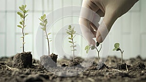 A hand is planting a seedling in a pot