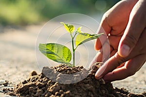 hand planting sprout in soil with