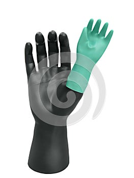 Hand of plastic mannequin doll with rubber protective glove.