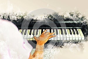 Hand playing keyboard of the piano foreground Watercolor painting background and Digital illustration brush to art.