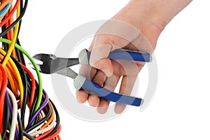 Hand with pliers and cable