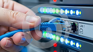 Hand plug blue ethernet cable into network server for data connection
