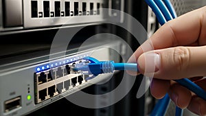 A hand plugging a blue ethernet cable into a network switch with multiple ports