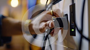 The hand plugging a cord.AI generated image