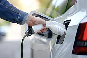 Hand Plugging In Electric Vehicle for Charging